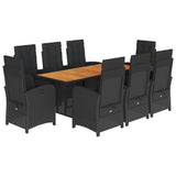 9 Piece Garden Dining Set with Cushions Black Poly Rattan - Front View