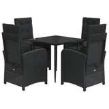 5 Piece Garden Dining Set with Cushions Black Poly Rattan - Front View