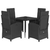 5 Piece Garden Dining Set with Cushions Black Poly Rattan - Front View