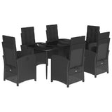 7 Piece Garden Dining Set with Cushions Black Poly Rattan - Front View