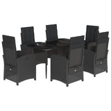 7 Piece Garden Dining Set with Cushions Black Poly Rattan - Front View