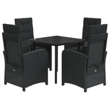 5 Piece Garden Dining Set with Cushions Black Poly Rattan - Front View