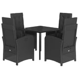 5 Piece Garden Dining Set with Cushions Black Poly Rattan - Front View