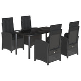 5 Piece Garden Dining Set with Cushions Black Poly Rattan - Front View