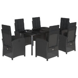 7 Piece Garden Dining Set with Cushions Black Poly Rattan - Front View