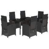 7 Piece Garden Dining Set with Cushions Black Poly Rattan - Front View