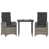 3 Piece Garden Dining Set with Cushions Grey Poly Rattan - Front View