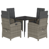 5 Piece Garden Dining Set with Cushions Grey Poly Rattan - Front View