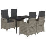 5 Piece Garden Dining Set with Cushions Grey Poly Rattan - Front View