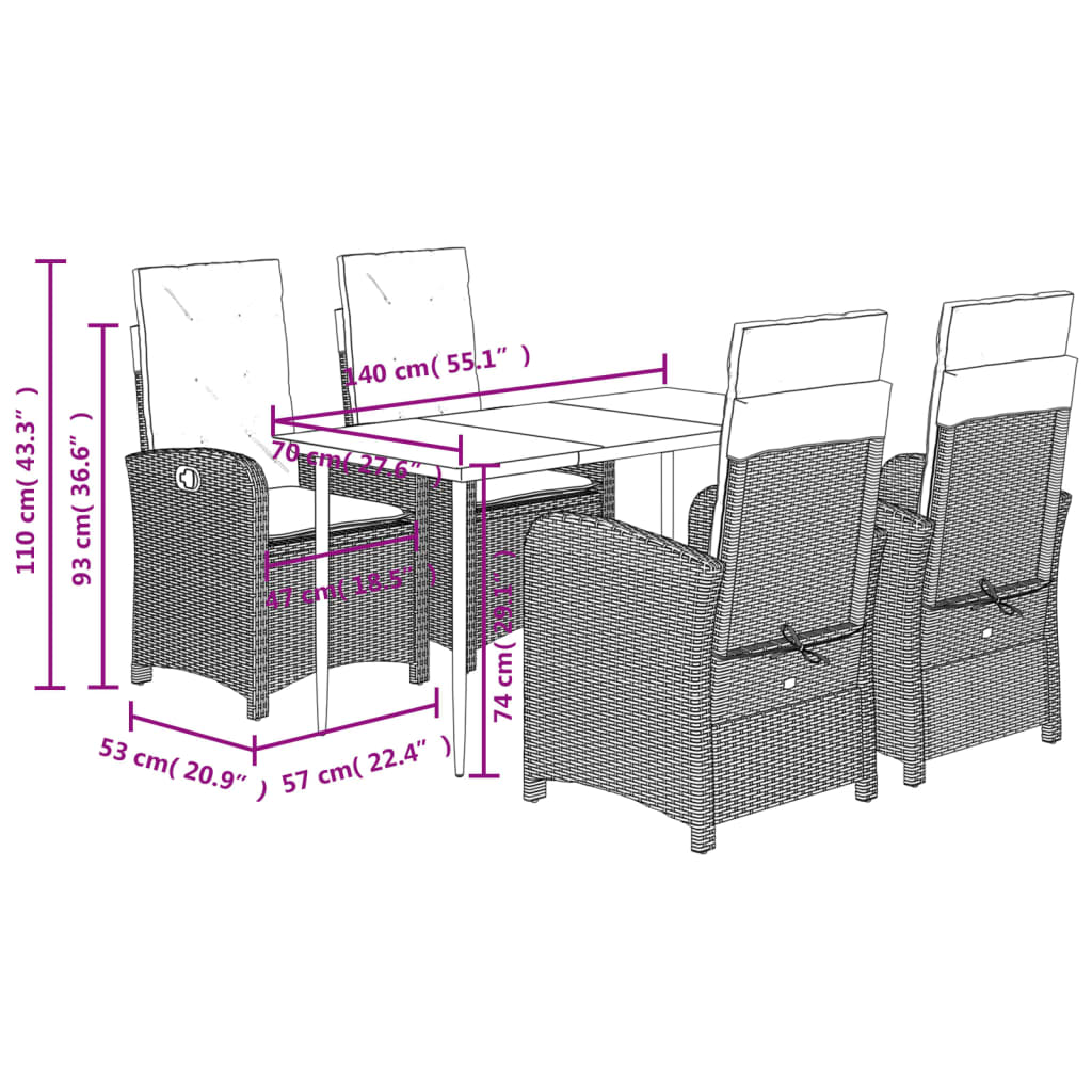 5 Piece Garden Dining Set with Cushions Grey Poly Rattan