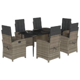 7 Piece Garden Dining Set with Cushions Grey Poly Rattan - Front View