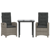 3 Piece Garden Dining Set with Cushions Grey Poly Rattan - Front View