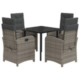 5 Piece Garden Dining Set with Cushions Grey Poly Rattan - Front View