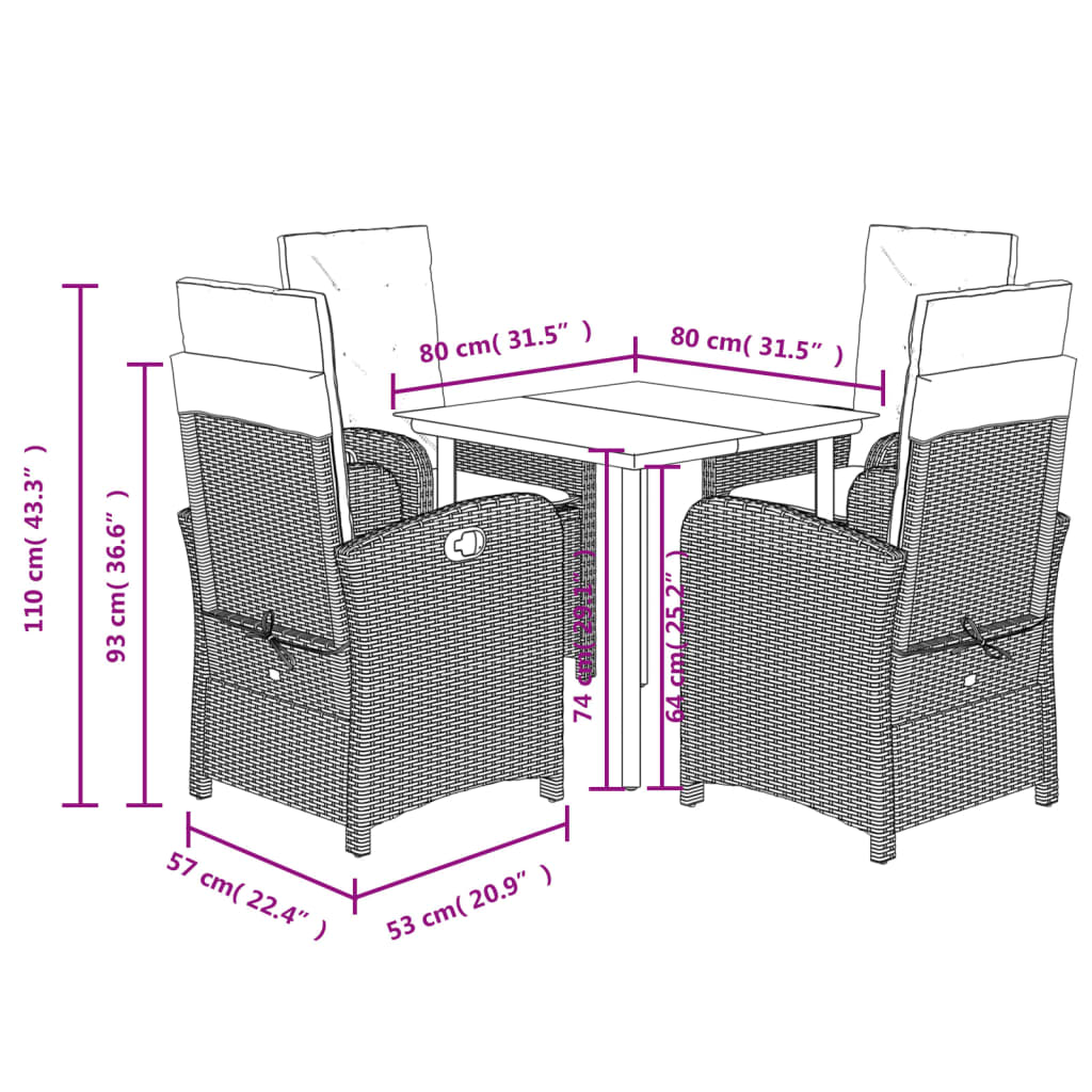 5 Piece Garden Dining Set with Cushions Grey Poly Rattan
