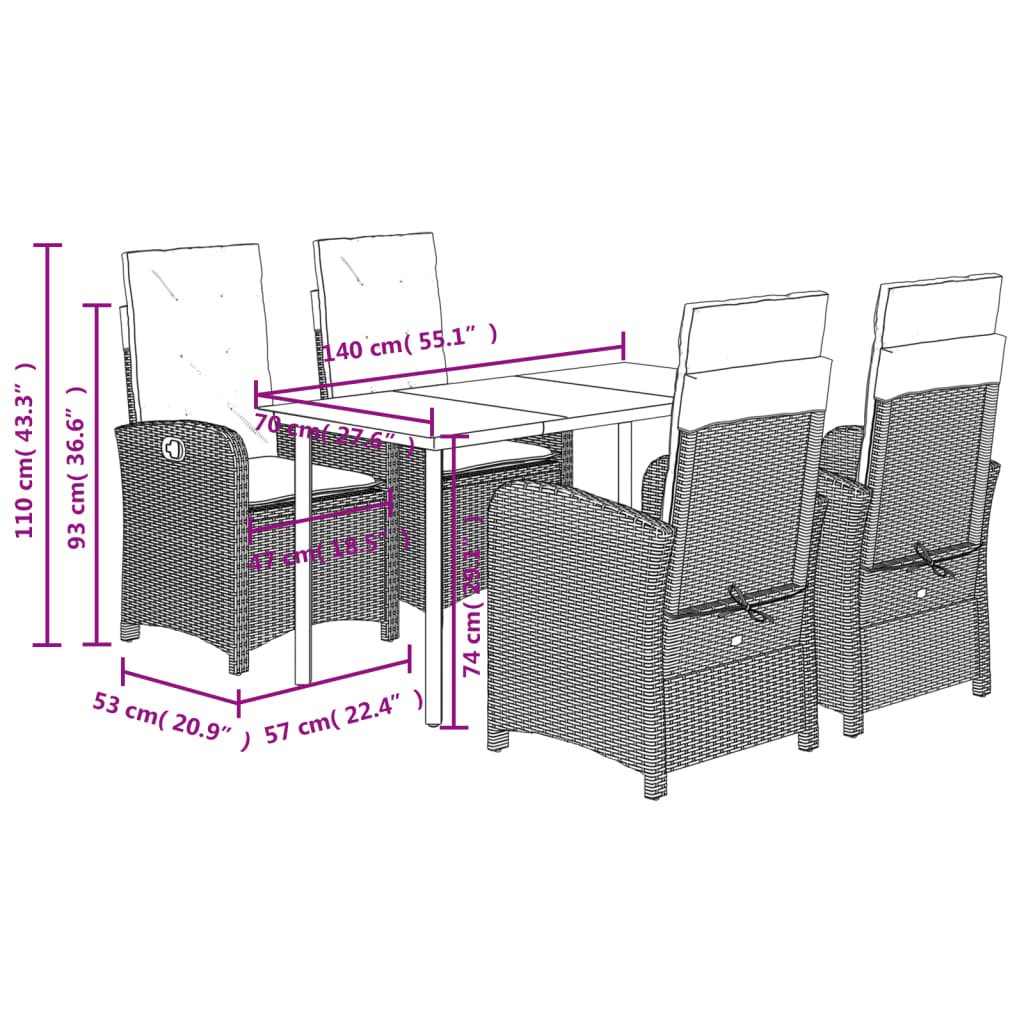 5 Piece Garden Dining Set with Cushions Grey Poly Rattan