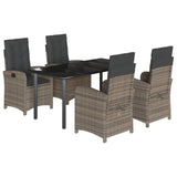 5 Piece Garden Dining Set with Cushions Grey Poly Rattan - Front View