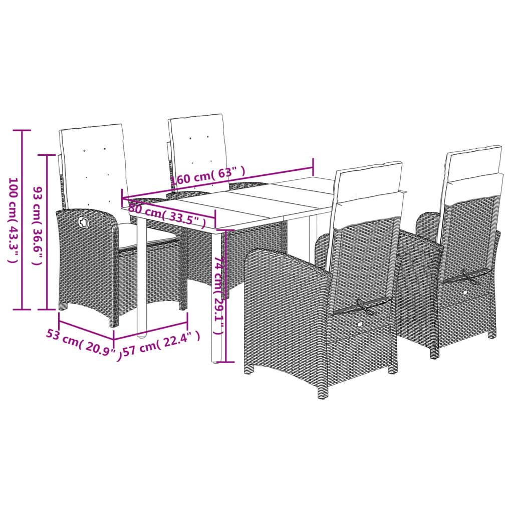 5 Piece Garden Dining Set with Cushions Grey Poly Rattan