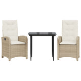 3 Piece Garden Dining Set with Cushions Beige Poly Rattan - Front View
