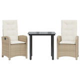 3 Piece Garden Dining Set with Cushions Beige Poly Rattan - Front View