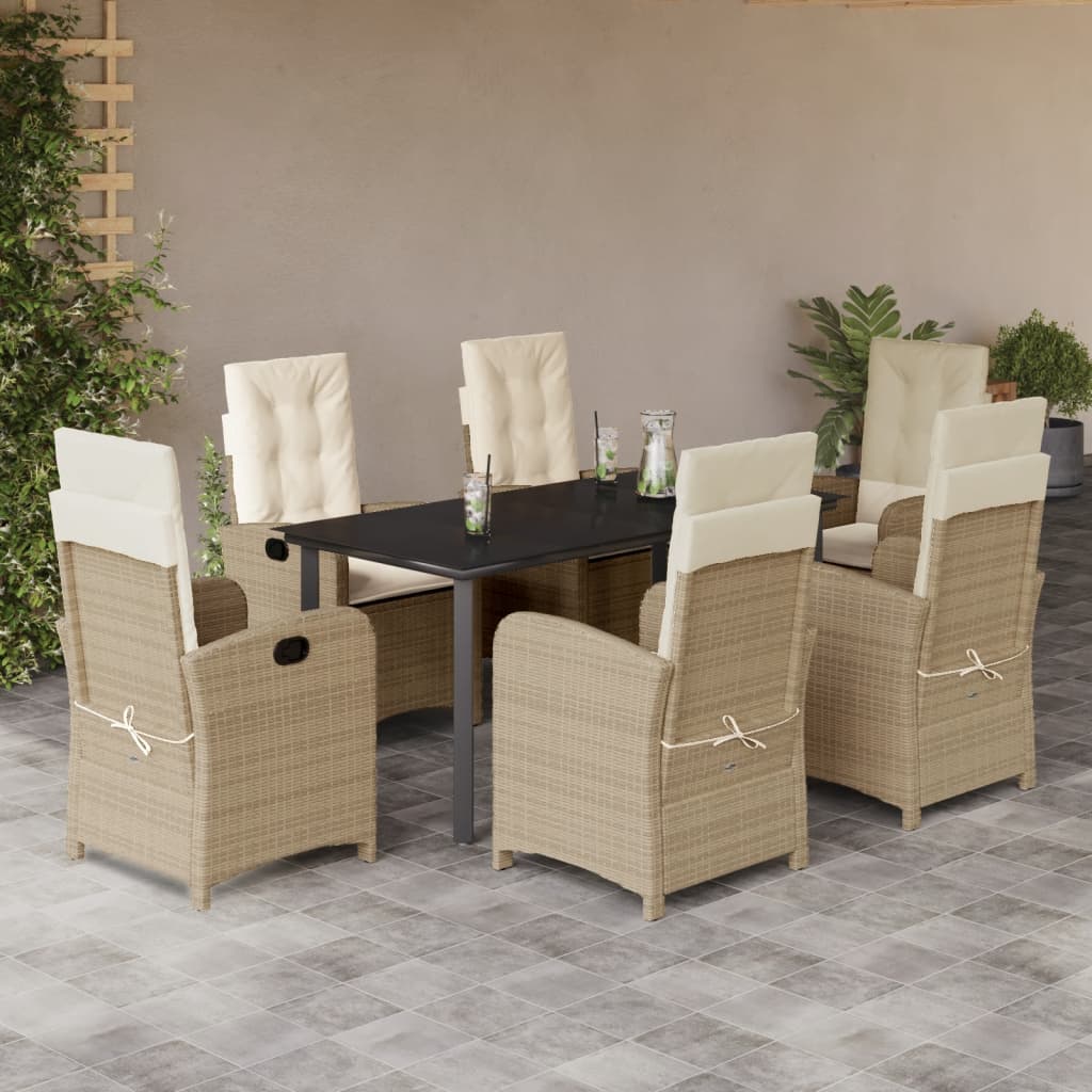 7 Piece Garden Dining Set with Cushions Beige Poly Rattan
