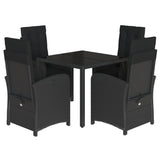 5 Piece Garden Dining Set with Cushions Black Poly Rattan - Front View