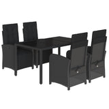 5 Piece Garden Dining Set with Cushions Black Poly Rattan - Front View