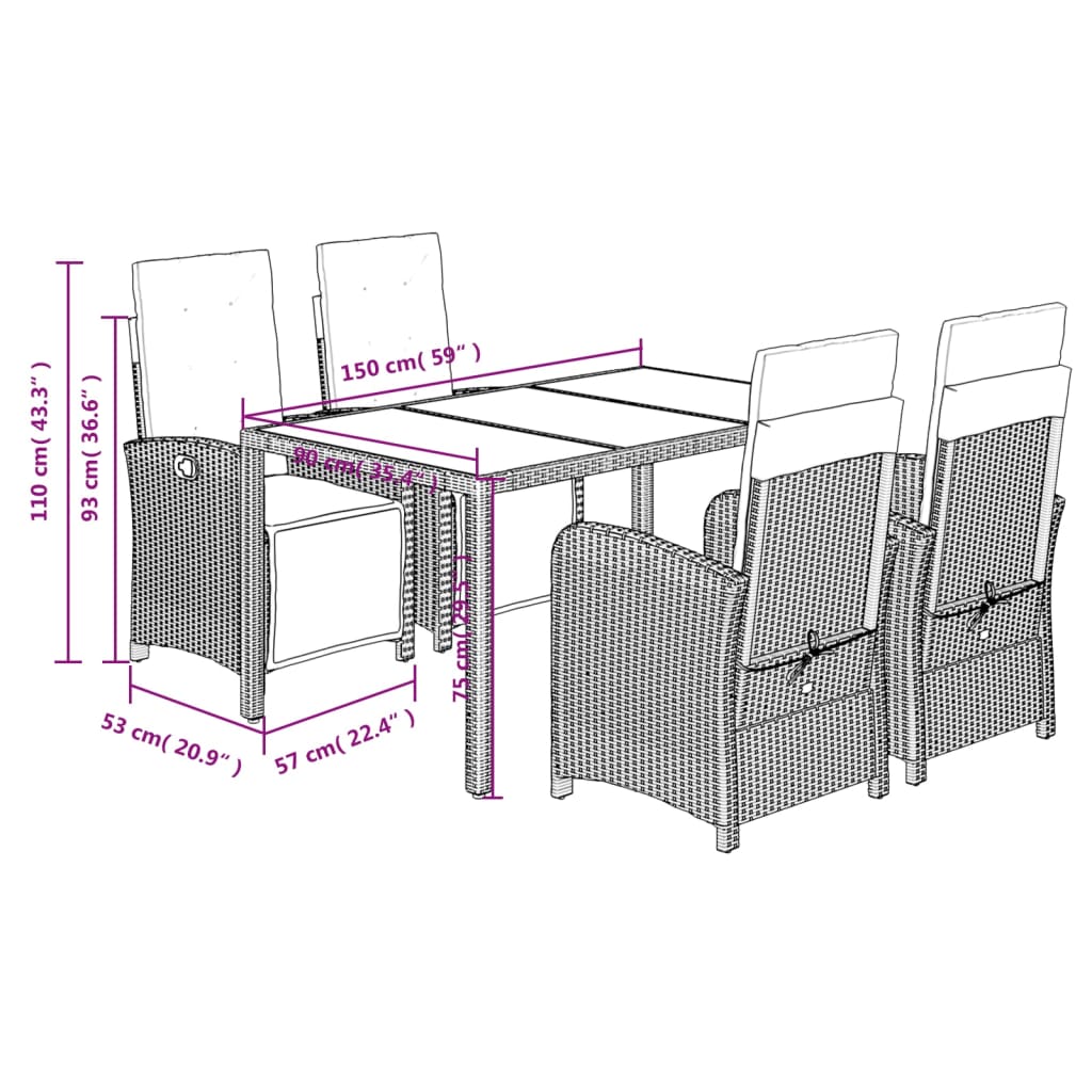 5 Piece Garden Dining Set with Cushions Black Poly Rattan