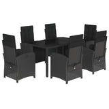 7 Piece Garden Dining Set with Cushions Black Poly Rattan - Front View