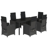 7 Piece Garden Dining Set with Cushions Black Poly Rattan - Front View