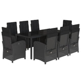 9 Piece Garden Dining Set with Cushions Black Poly Rattan - Front View