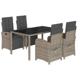 5 Piece Garden Dining Set with Cushions Grey Poly Rattan - Front View