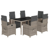 7 Piece Garden Dining Set with Cushions Grey Poly Rattan - Front View