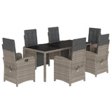 7 Piece Garden Dining Set with Cushions Grey Poly Rattan - Front View