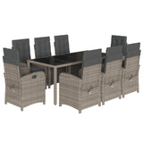 9 Piece Garden Dining Set with Cushions Grey Poly Rattan - Front View