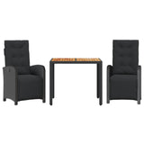 3 Piece Bistro Set with Cushions Black Poly Rattan - Front View