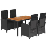 5 Piece Garden Dining Set with Cushions Black Poly Rattan - Front View