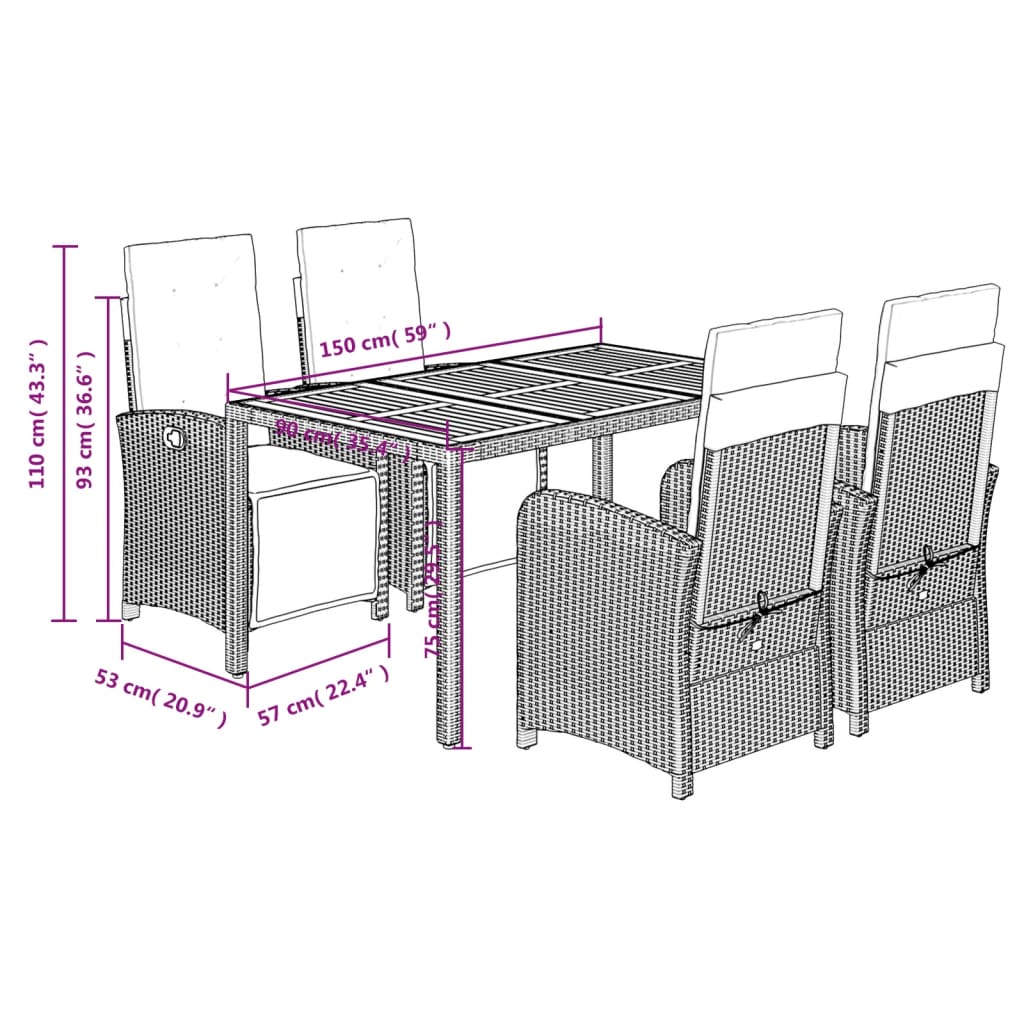 5 Piece Garden Dining Set with Cushions Black Poly Rattan
