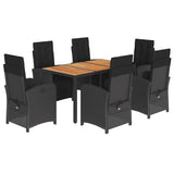 7 Piece Garden Dining Set with Cushions Black Poly Rattan - Front View