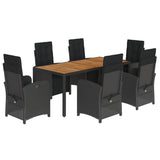 7 Piece Garden Dining Set with Cushions Black Poly Rattan - Front View