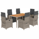 7 Piece Garden Dining Set with Cushions Grey Poly Rattan - Front View