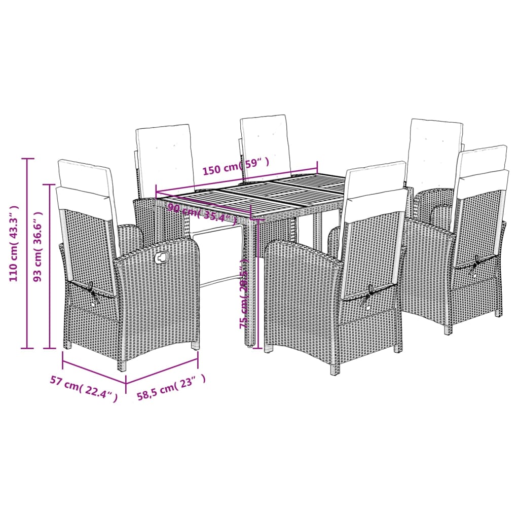 7 Piece Garden Dining Set with Cushions Grey Poly Rattan