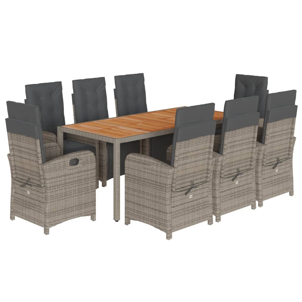 9 Piece Garden Dining Set with Cushions Grey Poly Rattan