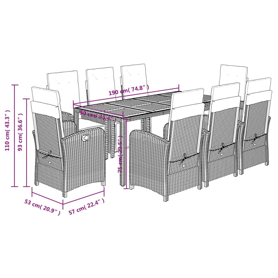 9 Piece Garden Dining Set with Cushions Grey Poly Rattan