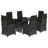 7 Piece Garden Dining Set with Cushions Black Poly Rattan - Front View