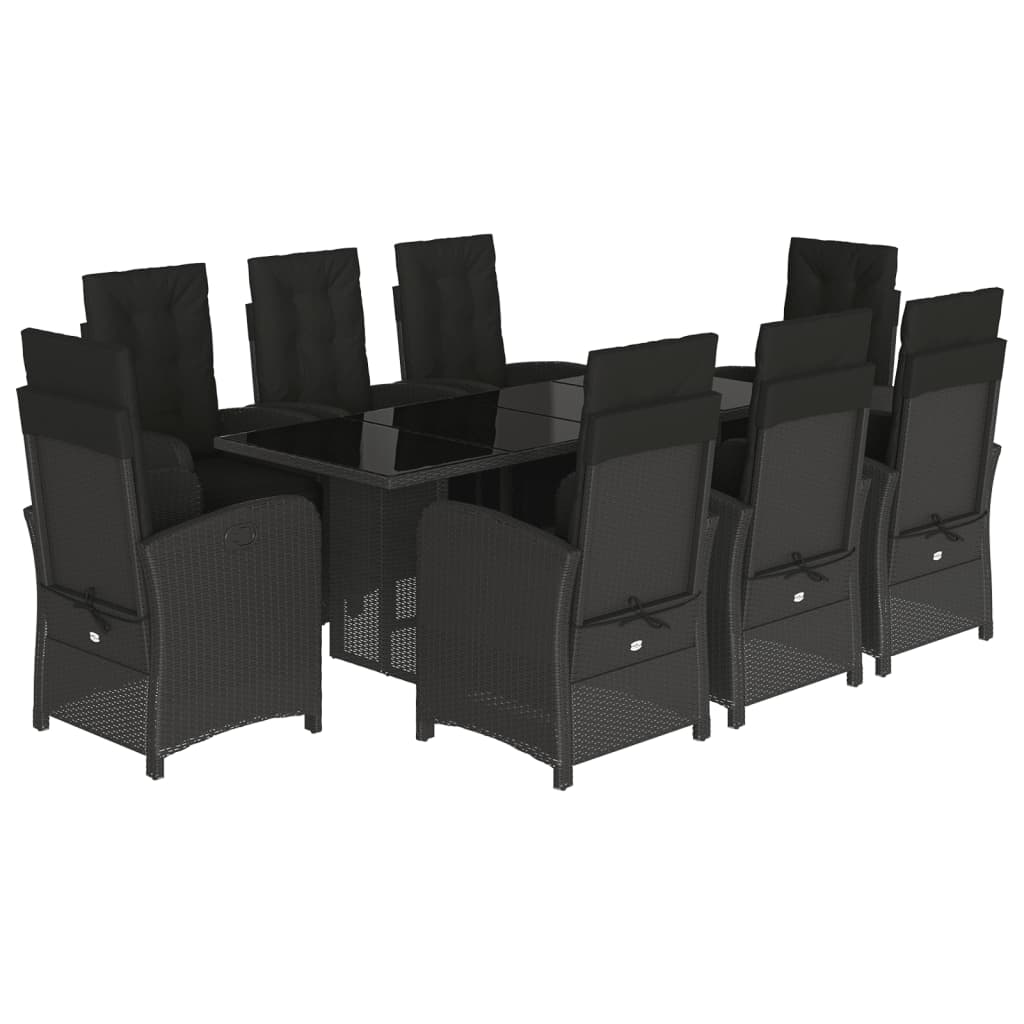 9 Piece Garden Dining Set with Cushions Black Poly Rattan