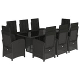 9 Piece Garden Dining Set with Cushions Black Poly Rattan - Front View