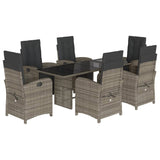 7 Piece Garden Dining Set with Cushions Grey Poly Rattan - Front View