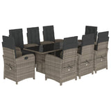 9 Piece Garden Dining Set with Cushions Grey Poly Rattan - Front View