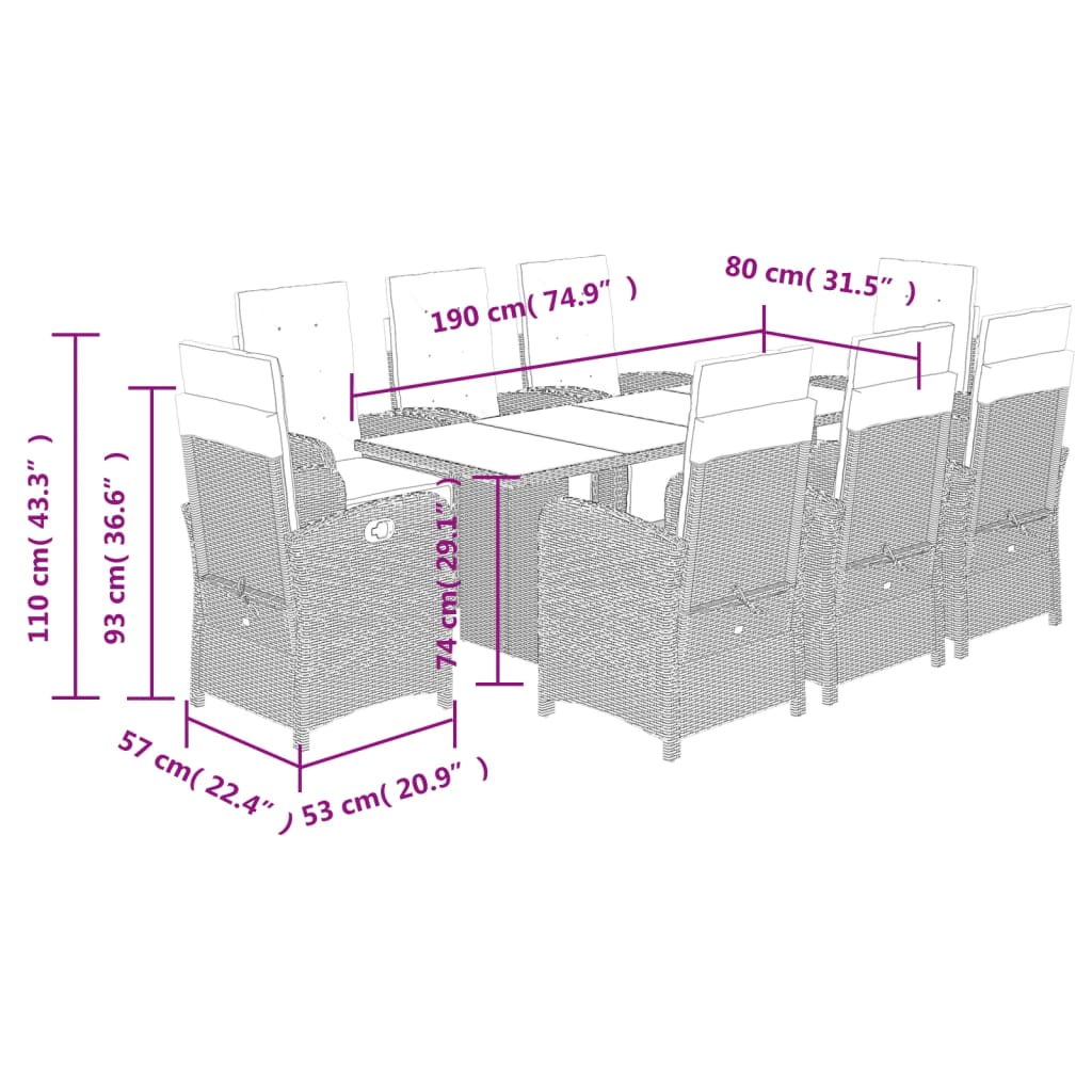 9 Piece Garden Dining Set with Cushions Grey Poly Rattan