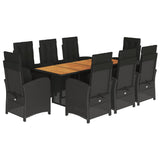 9 Piece Garden Dining Set with Cushions Black Poly Rattan - Front View